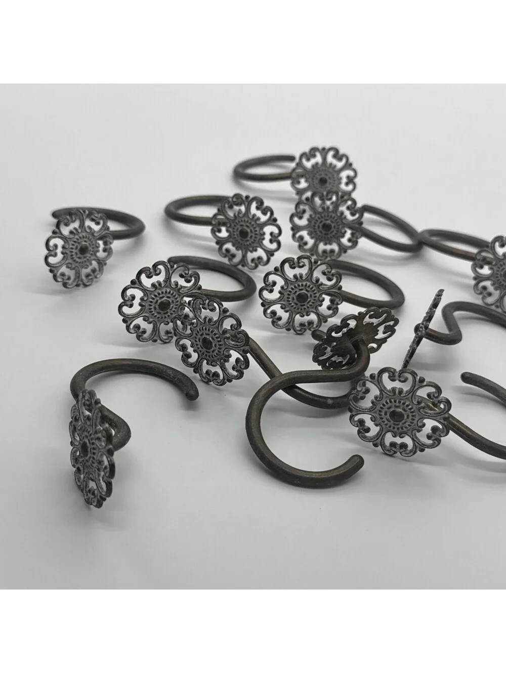 Set of 12 Decorative Shower Curtain Hooks Bronze Filigree Floral Rosette Rings